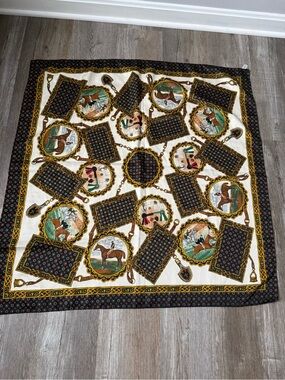 VTG Equestrian Print Square Scarf in Cream, Green & Brown Horse Lover Bandana